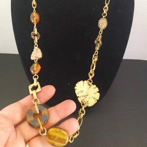 Chico's Gold Tone Amber Beads Statement Necklace 28"